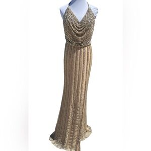 Sherri Hill | Dresses | Sherri Hill 5434gold Handbeaded Sequin Gown Cowl  Backless Halterprom Gown | Poshmark